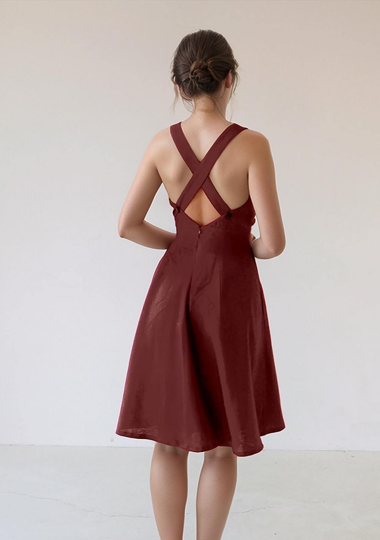 Sleeveless Linen Midi Dress with Square Neck and Cross-Back Straps - Summer Fit and Flare Sundress | SKU.25T14T3K