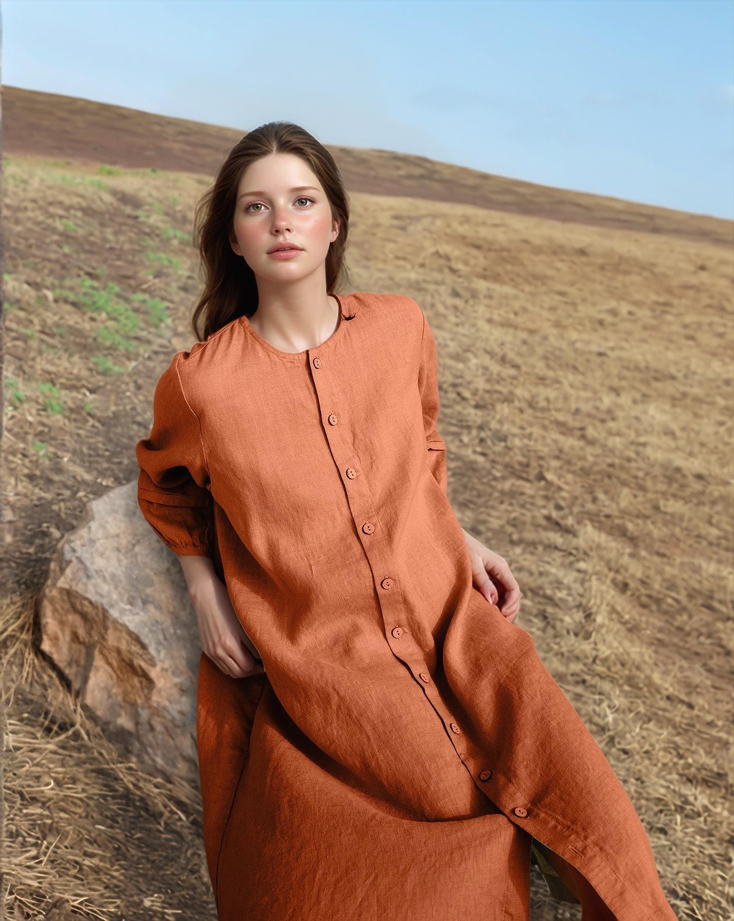 Loose Linen Shirt Dress, Oversized Button Dress, Casual Long Sleeve Dress, Minimalist Fall Dress, Women's Tunic Dress | SKU.25T14T6U