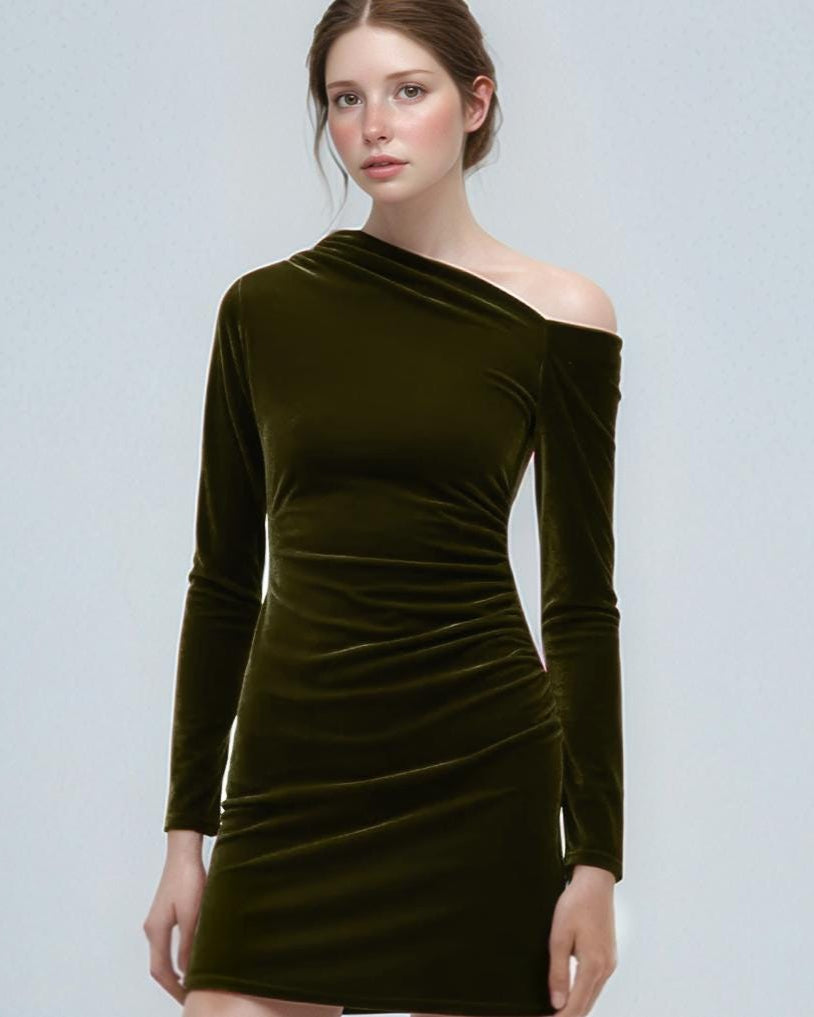 One Shoulder Velvet Mini Dress – Olive Green Bodycon Dress with Long Sleeves for Party & Night Out | SKU.25T17T6F