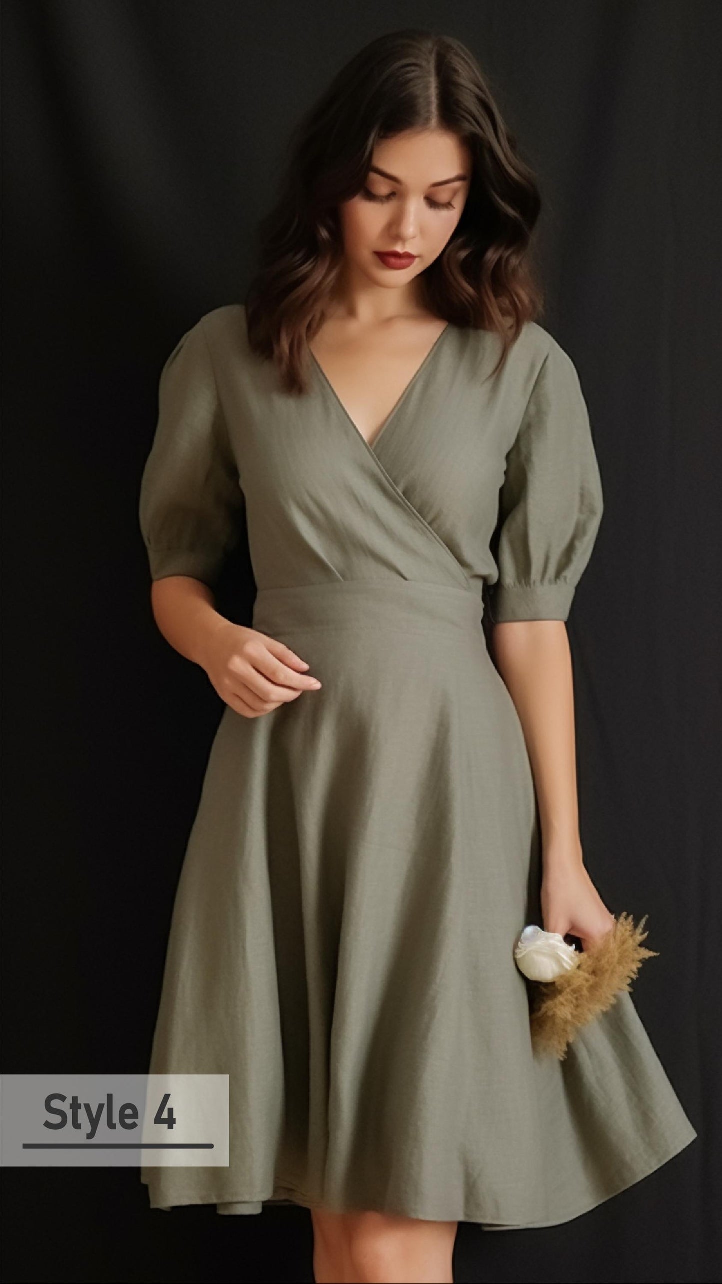 Olive Green Linen Dress with Puffed Sleeves & Waist Belt - Women's Fashion | Customizable | 241016.U5