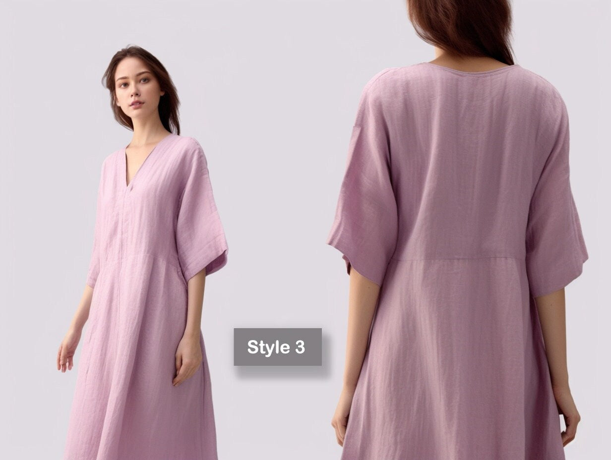 V Neck Linen Dress | Loose Fit & Breathable | Stylish Summer Dress | 3/4 Sleeve Linen Dress - Mothers Day Gift - Gift for Her | 230506B