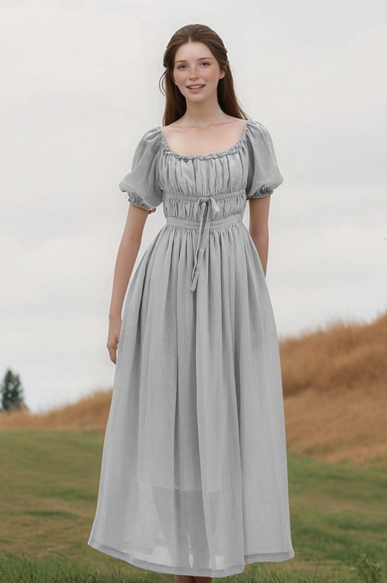 Puff Sleeve Linen Dress - Romantic Off Shoulder Maxi Dress with Ruched Bodice, Soft Elastic Linen for Summer | SKU.25T14T6D