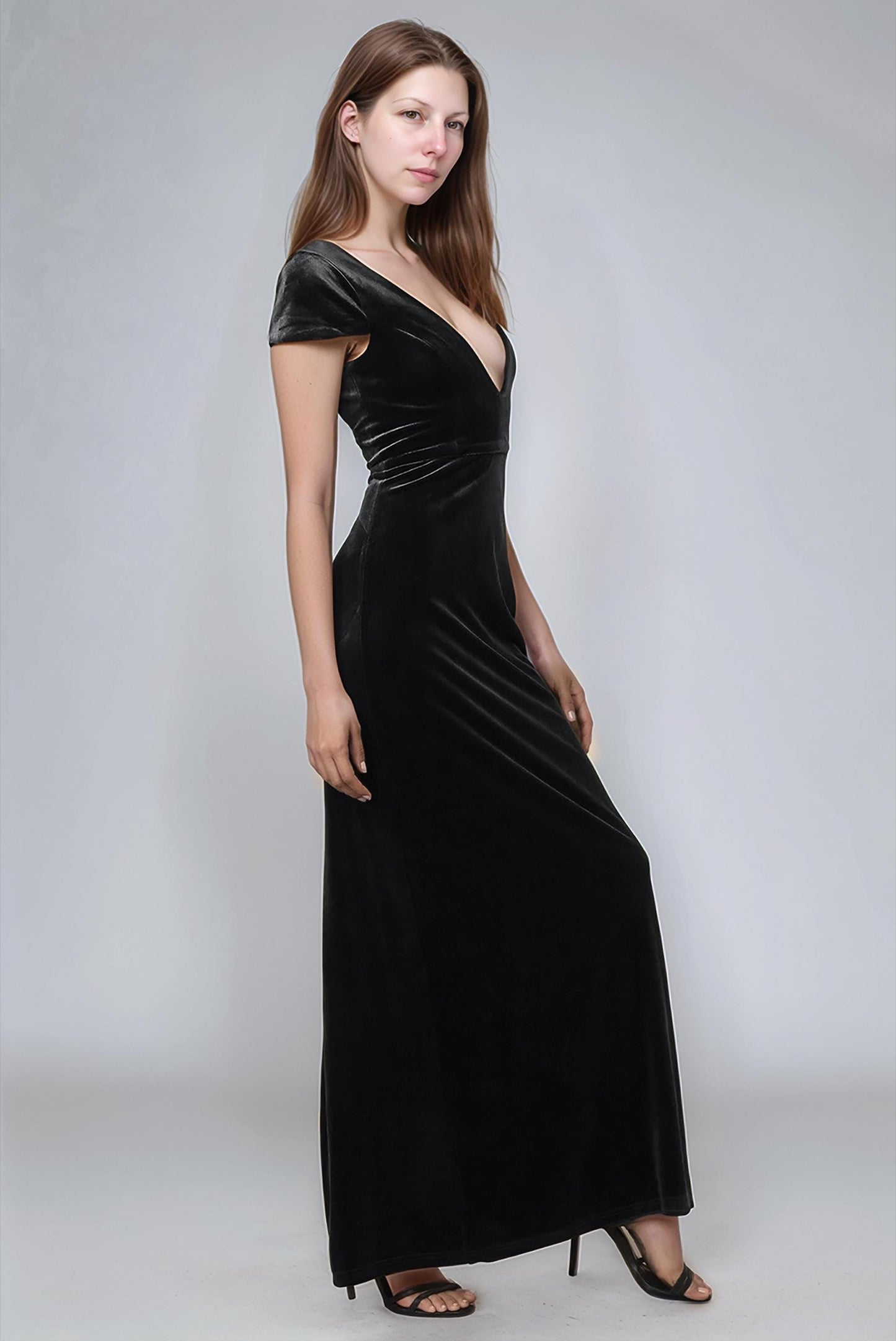 Black Velvet V-Neck Maxi Dress – Elegant Evening Gown with Cap Sleeves | SKU.24T17T5I