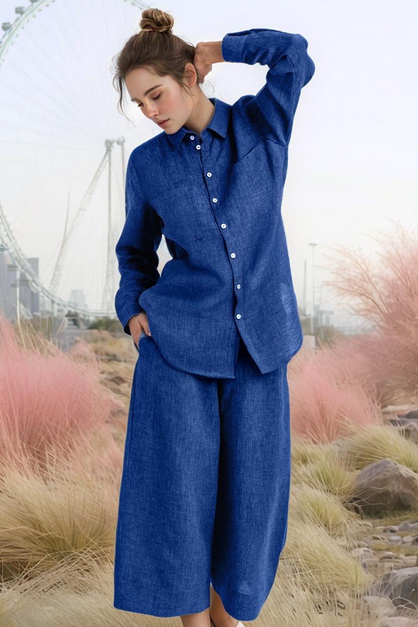 Custom Relaxed Linen Blend Two-Piece Set – Lightweight Elastic Waist Wide Leg Pants & Button Down Top | SKU.25T14T4D