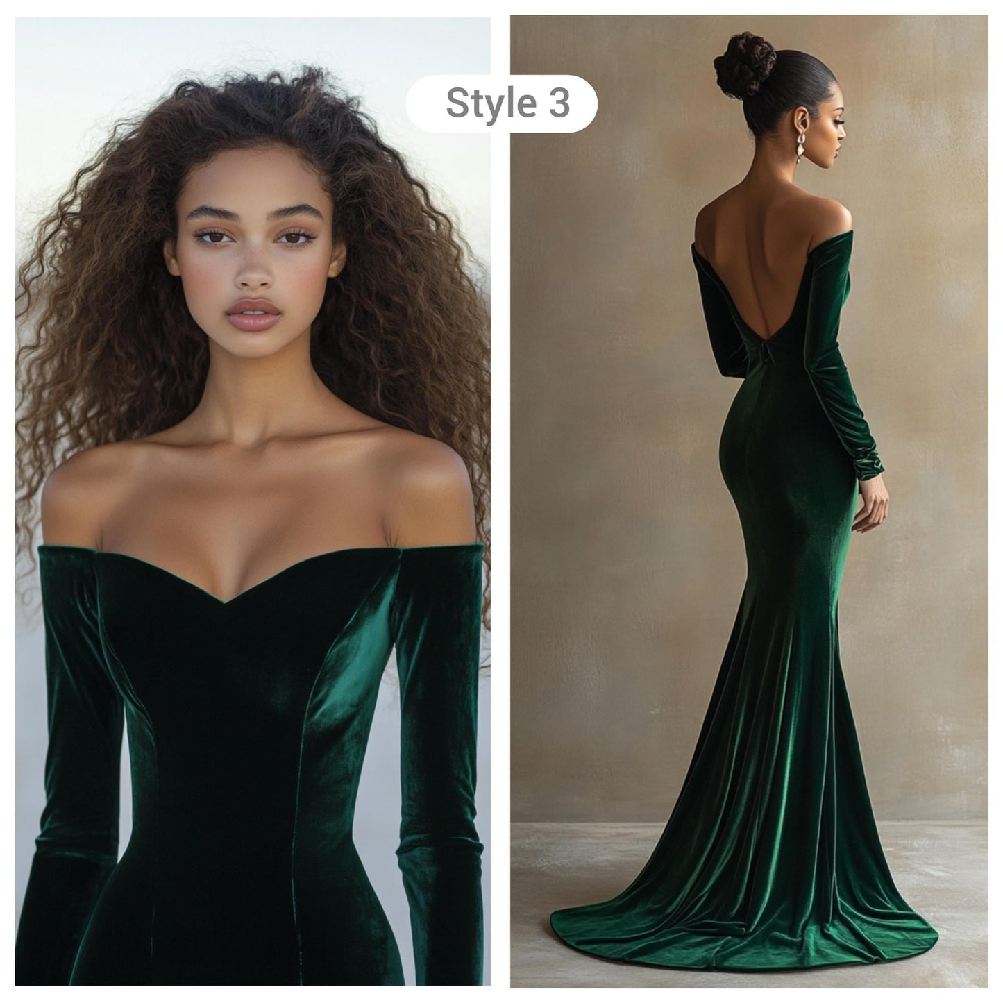 Emerald Green Velvet Evening Gown, Off-Shoulder Custom Tailored Dress, Elegant Long Sleeve Formal Dress for Special Occasions | 241112A