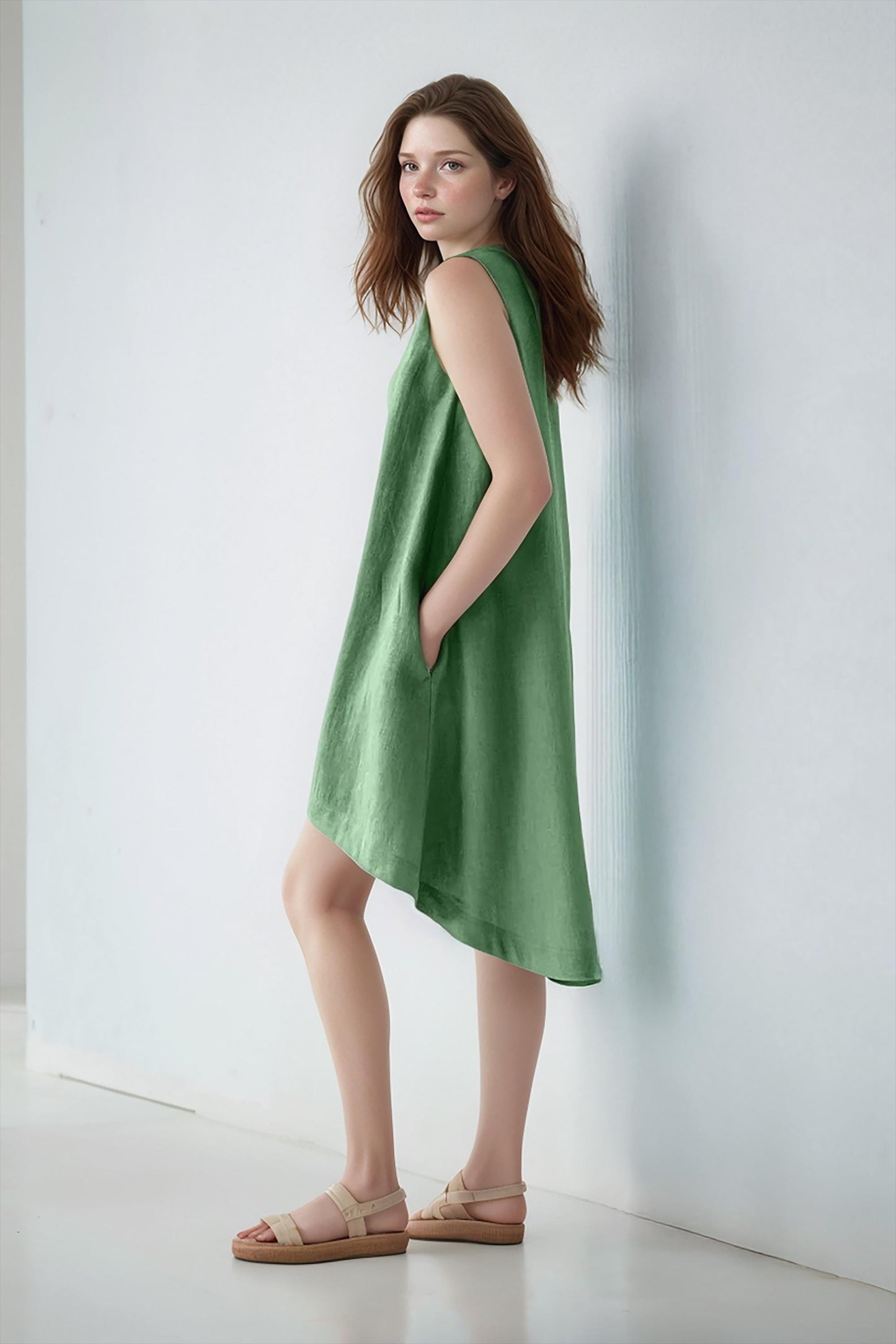 Asymmetrical Green Linen Dress, Sleeveless High-Low Hem, Summer Shift Dress, Casual Loose Fit, Minimalist Linen Dress | SKU.25T14T7E