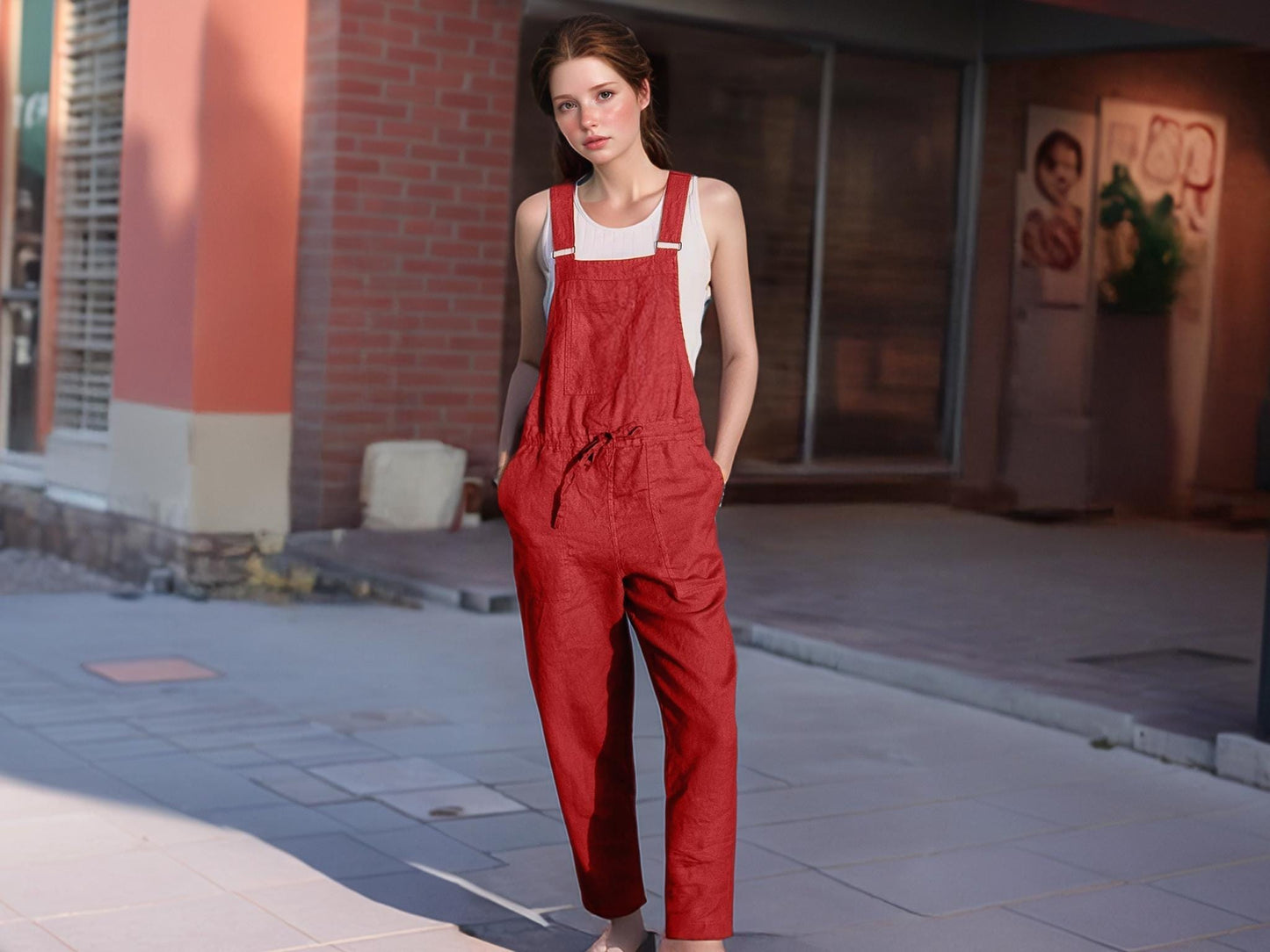 Linen Jumpsuit for Women - Adjustable Straps, Drawstring Waist, Relaxed Fit, Tapered Leg, Lightweight Summer One-Piece | SKU.25T22T3M
