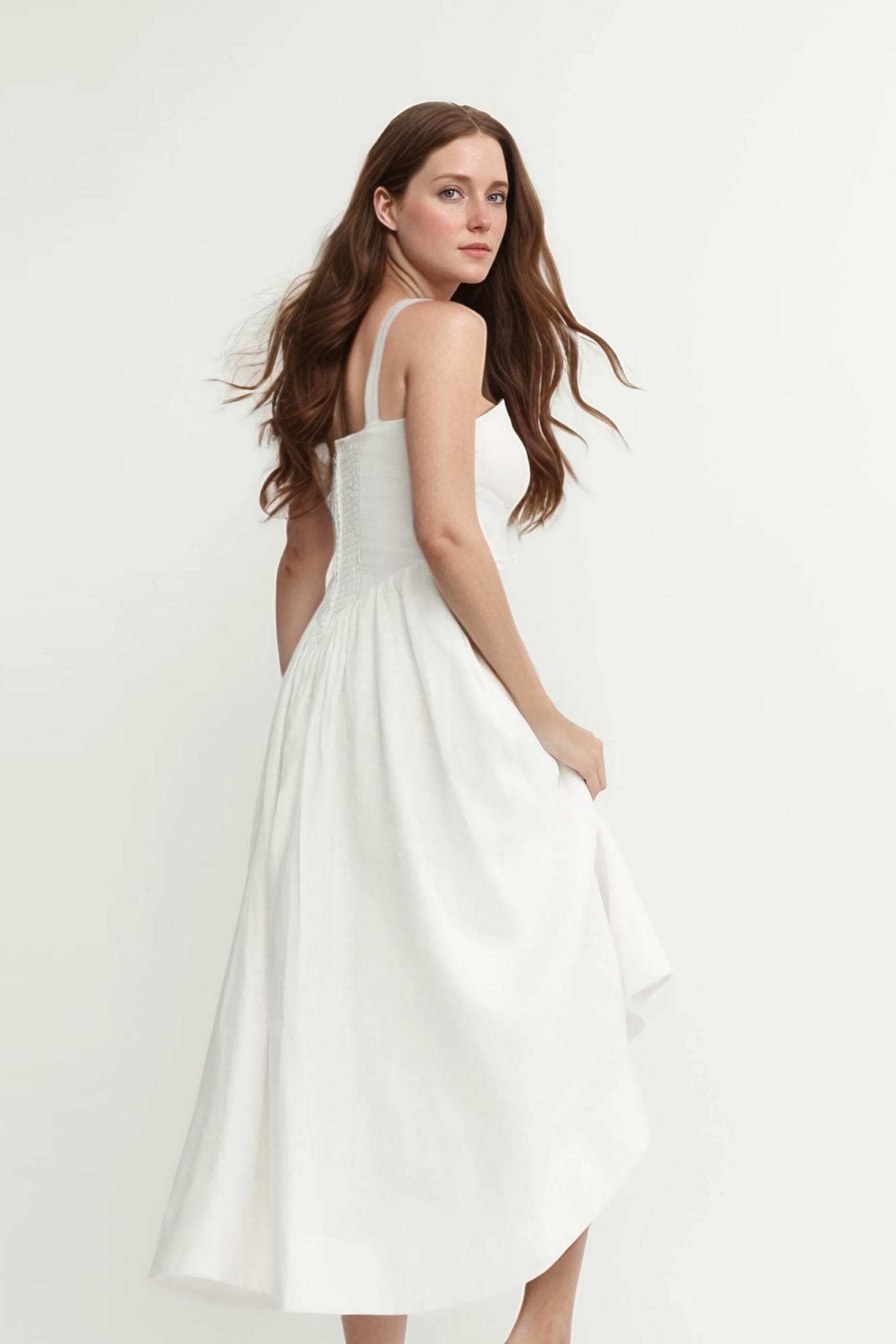 Elegant White Midi Dress in Elastic Linen, Square Neck Summer Dress, Sleeveless Custom Fit, Made to Order | SKU.25T15T4D