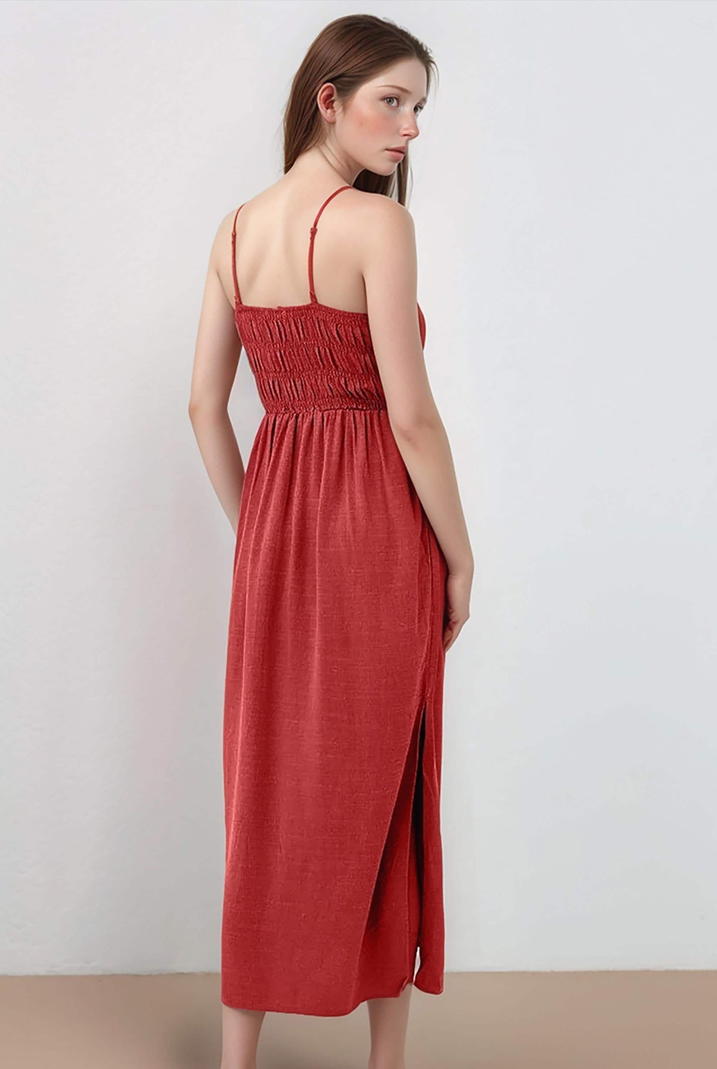 Elastic Linen Smocked Midi Dress – Summer Strapless Boho Sundress, Custom Fit Casual Vacation Outfit | SKU.25T15T5M