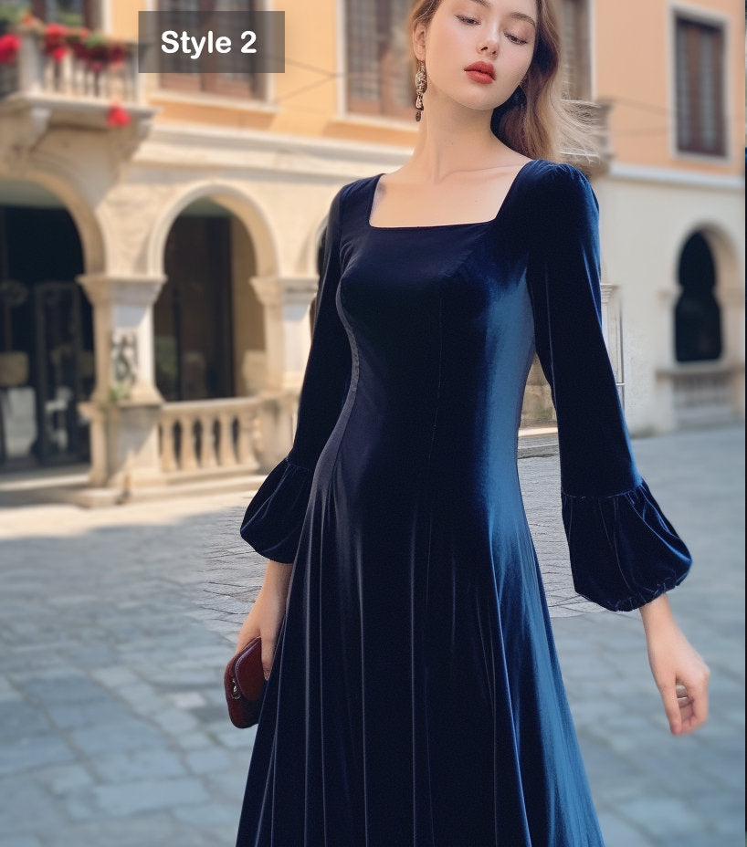 Women's Velvet Midi Dress with Puff Sleeves | Bridesmaid Dress | Spring Fall Winter Fashion | Plus Size Fit | Customizable | Personalizable