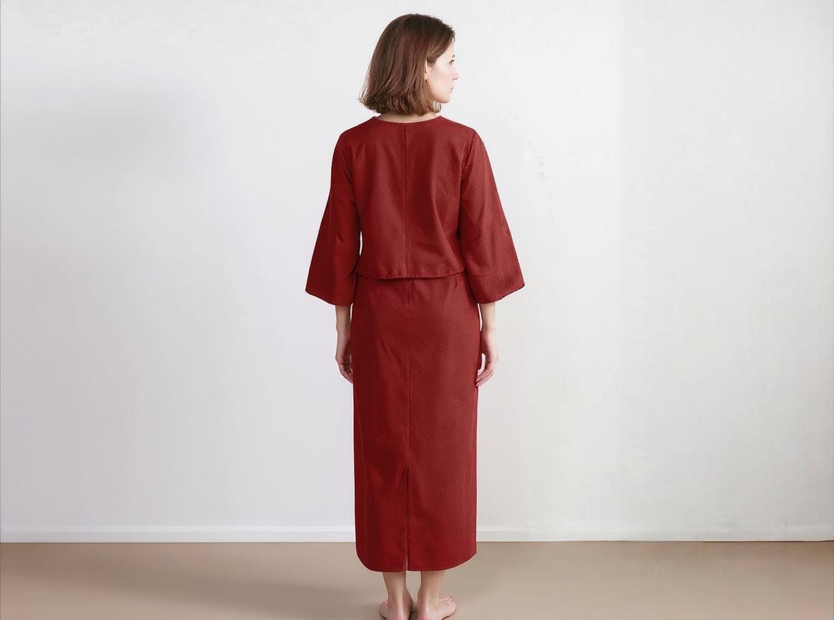Elegant Red Linen Two-Piece Dress Set – Long Sleeve Crop Top & High Waist Midi Skirt, Minimalist Outfit for Women | SKU.25T15T5A