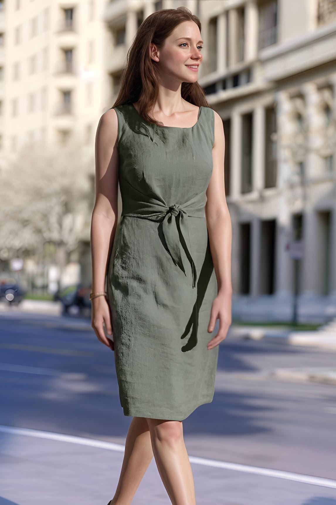 Olive Green Linen Dress with Front Waist Tie – Sleeveless A-Line Summer Midi Dress with Pockets | SKU.25T09A12