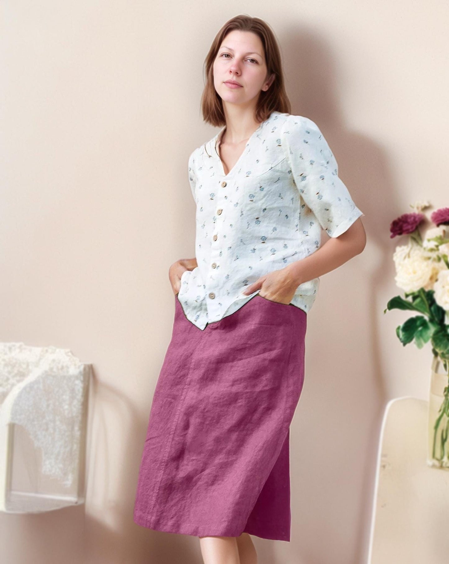 High-Waisted Linen Midi Skirt with Front Zipper and Pockets - Vintage-Inspired A-Line Skirt for Everyday Wear | SKU.25T22T3K