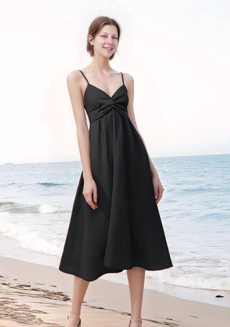Elegant Black Linen Midi Dress - Adjustable Straps, Bow Front Detail, Flowy Summer Beach Dress | SKU.25T14T3M