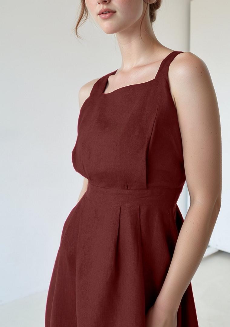 Sleeveless Linen Midi Dress with Square Neck and Cross-Back Straps - Summer Fit and Flare Sundress | SKU.25T14T3K