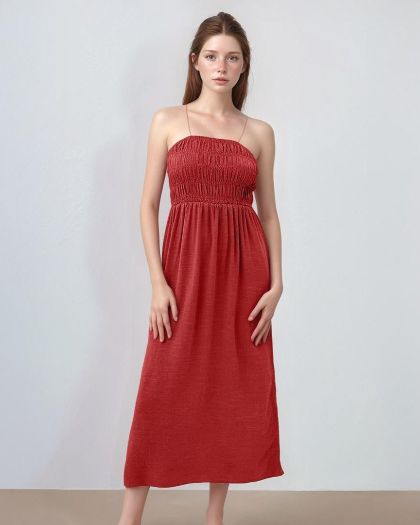 Elastic Linen Smocked Midi Dress – Summer Strapless Boho Sundress, Custom Fit Casual Vacation Outfit | SKU.25T15T5M