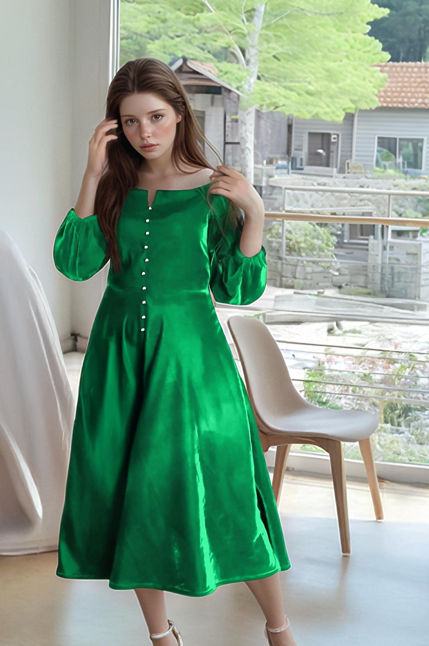 Emerald Green Velvet Midi Dress with Long Sleeves – Vintage Inspired Button-Down Party Dress | SKU.24T17T5G