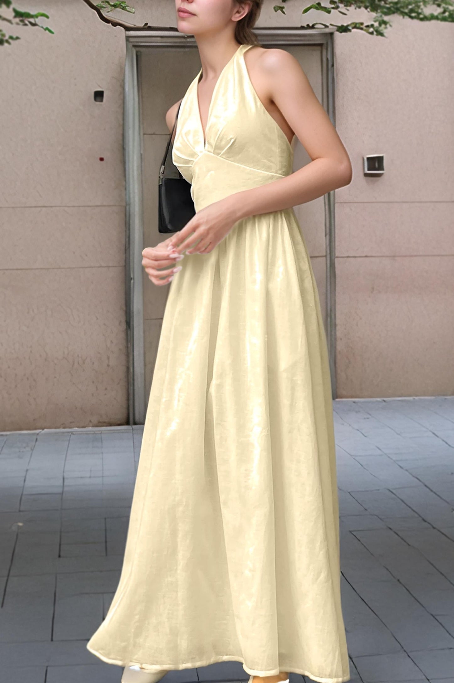 Elegant Halter Neck Maxi Dress - Soft Yellow Linen Summer Dress - Backless Beach Dress for Women | SKU.25T11T8E