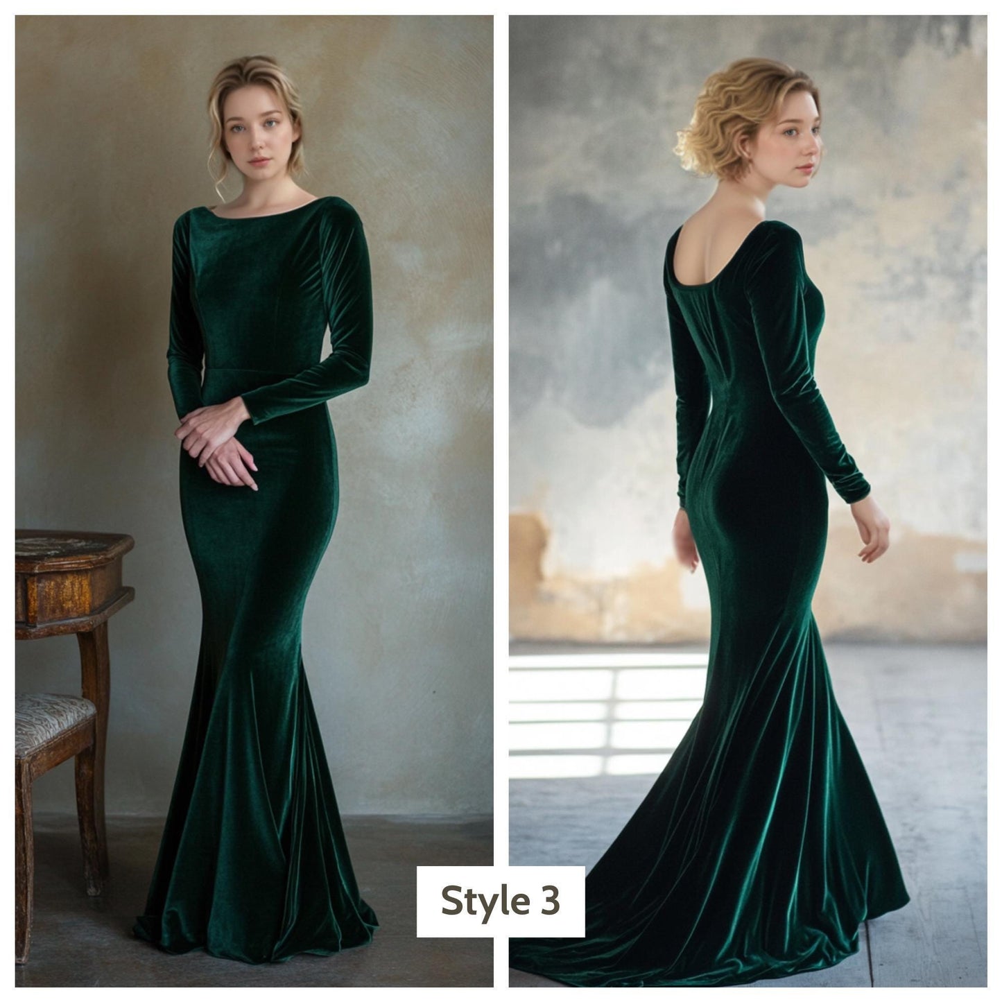 Custom Emerald Velvet Evening Gown, Boat Neck Backless Dress, Long Sleeve Luxury Formal Gown | 241028A