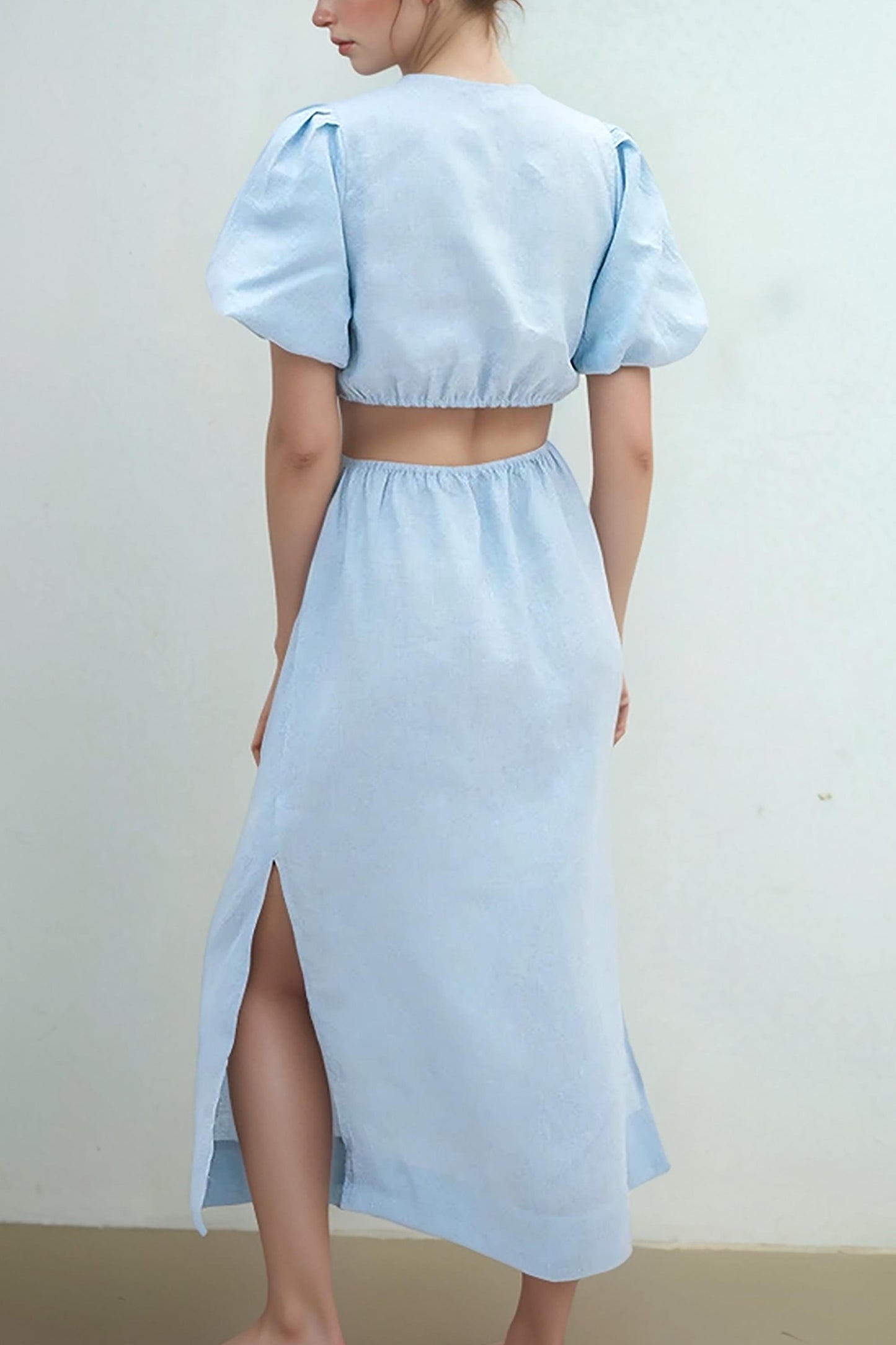 Puff Sleeve Cut-Out Linen Dress, Baby Blue Two-Piece Dress, Summer Vacation Dress, Boho Chic Maxi Dress | SKU.25T15T3G