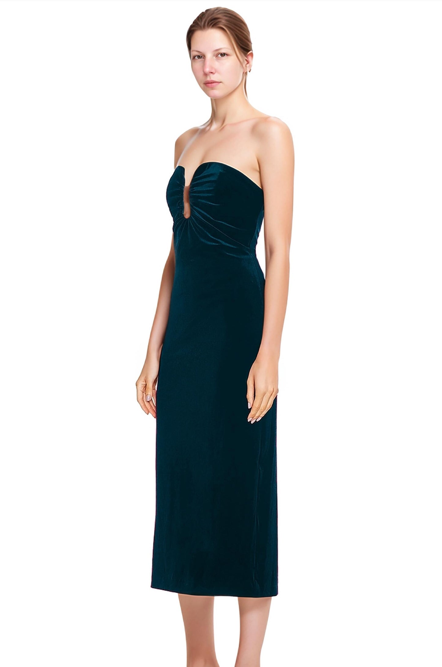Teal Velvet Strapless Midi Dress – Elegant Sweetheart Neckline Bodycon Party Dress | SKU.24T17T5B