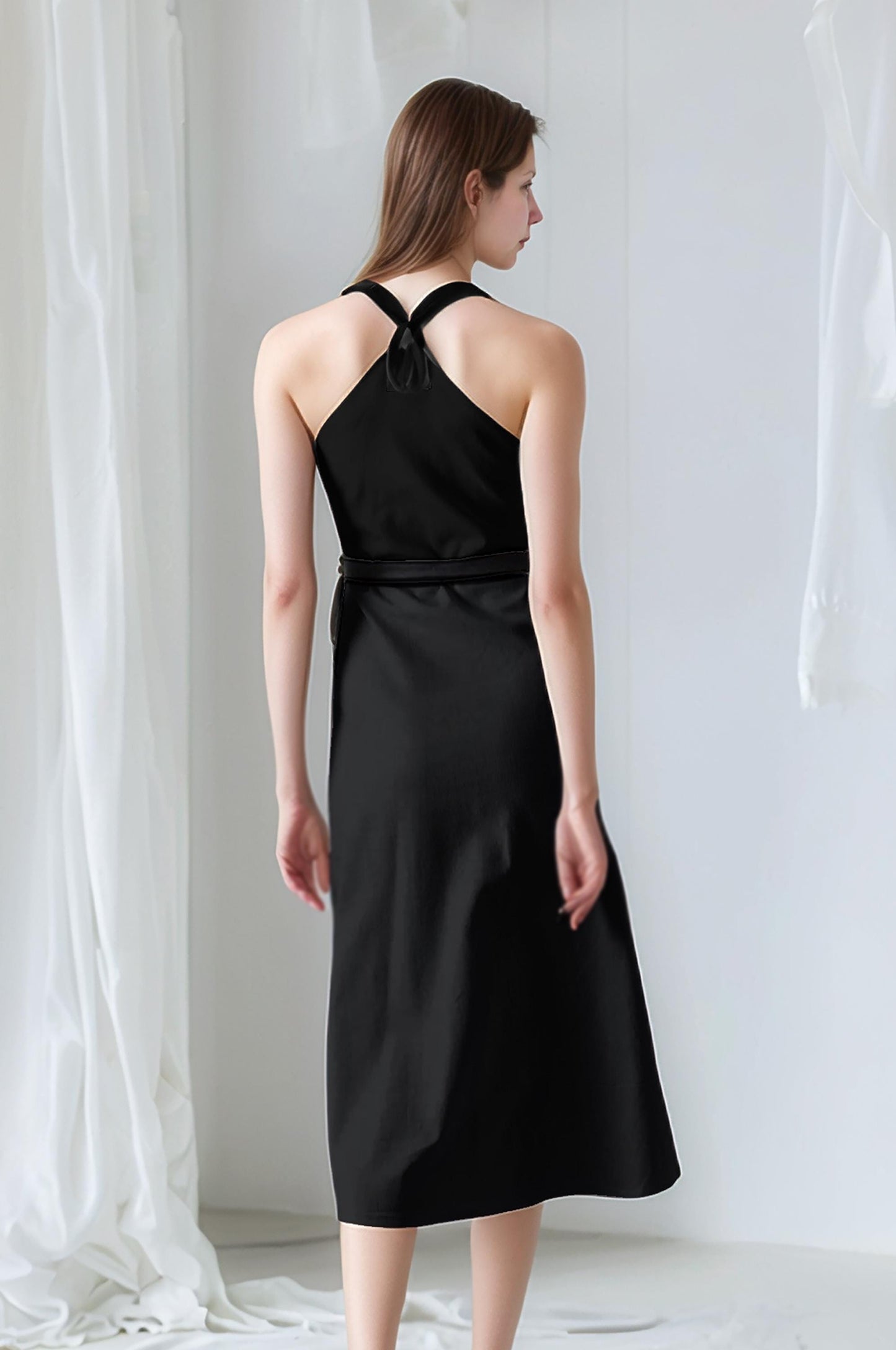Black Halter Neck Wrap Dress – Sleeveless Open Back Midi Dress for Women | SKU.25T11T3D