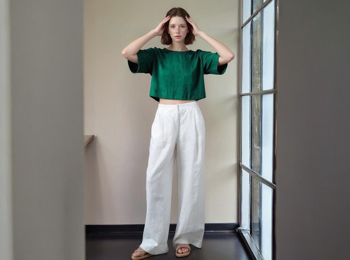 High Waist White Linen Pants - Wide Leg Summer Trousers, Loose Fit Minimalist Elastic Linen Pants with Pockets | SKU.25T15T5D