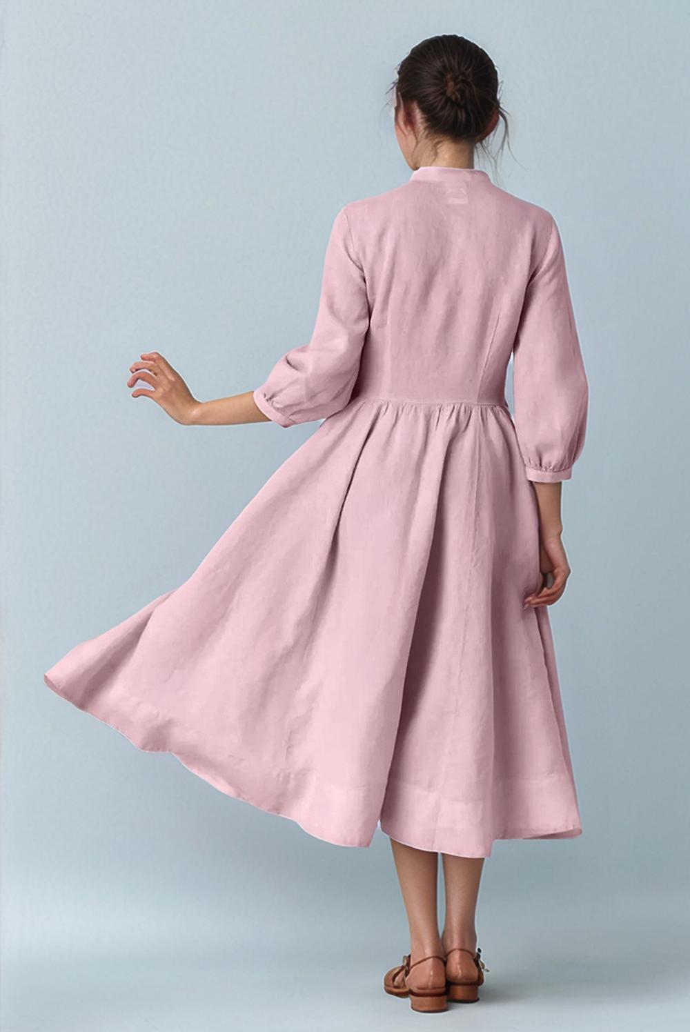 Vintage Blush Pink Linen Dress – Long Sleeve Midi Dress with Bow Tie Neck | SKU.25T11T5A
