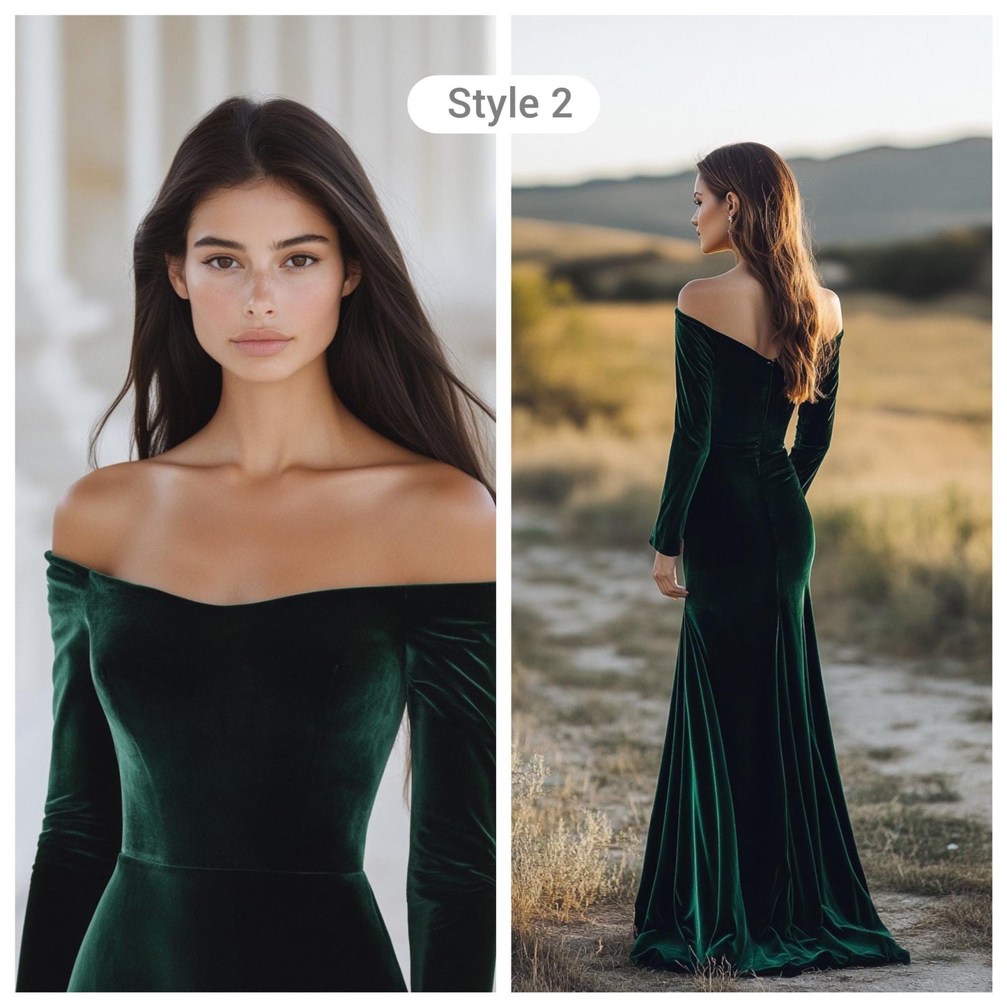 Emerald Green Velvet Evening Gown, Off-Shoulder Custom Tailored Dress, Elegant Long Sleeve Formal Dress for Special Occasions | 241112A