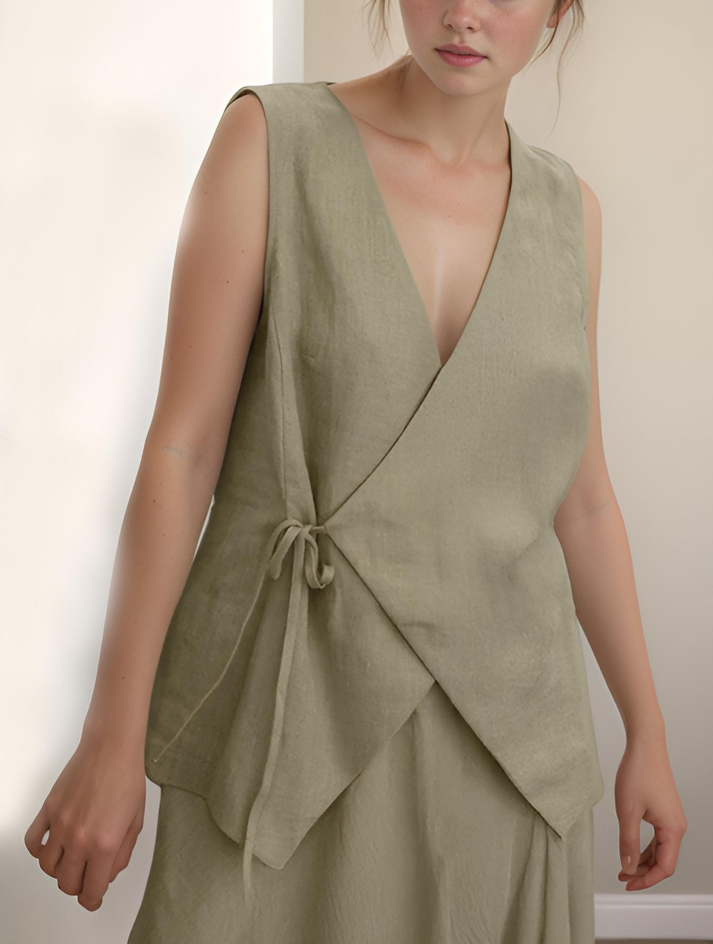 Linen Wrap Top – Women’s Sleeveless Wrap Blouse | Minimalist Boho Summer Tank | SKU.25T10T2E