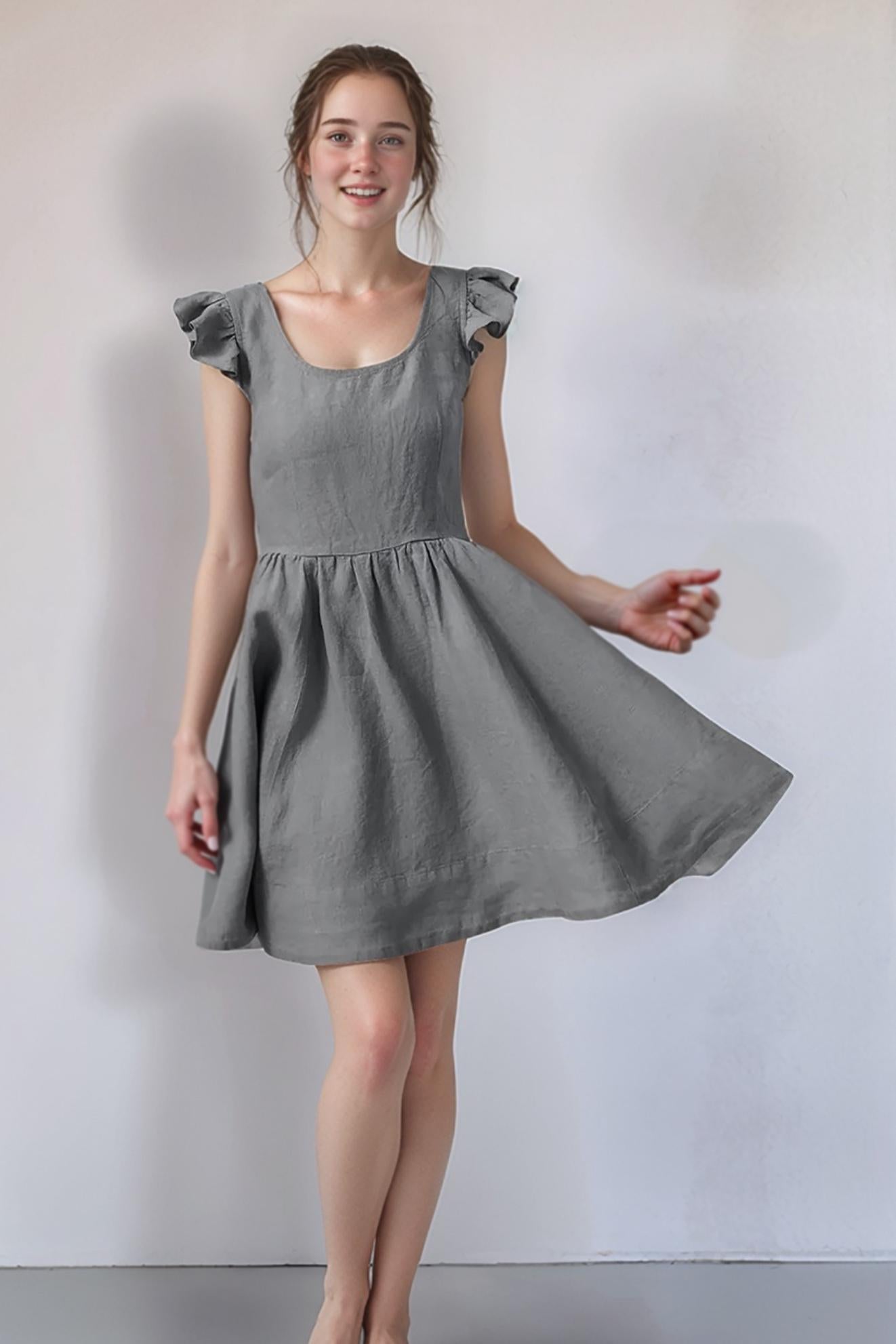 Vintage-Inspired Linen Dress – Elegant Ruffled Cap Sleeve A-Line Dress for Women | SKU.25T11T5I
