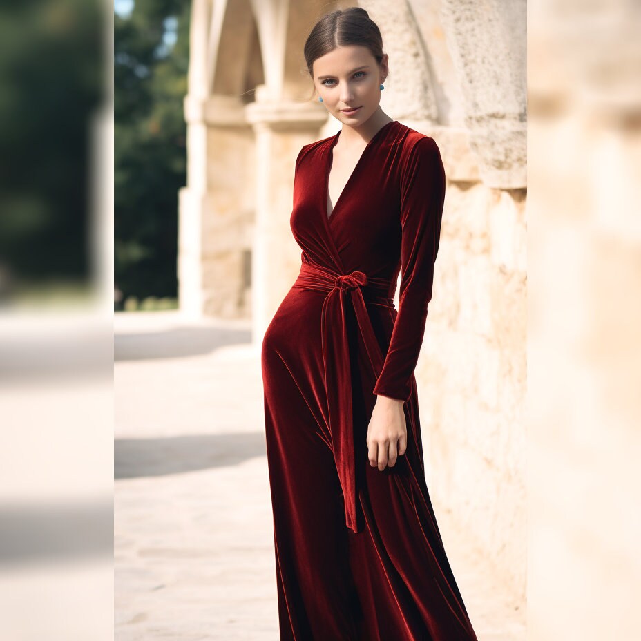 Velvet Midi Bridesmaid Dress with Wrap Neck and Self-Tie Belt | Long Sleeves | Elegant Spring Fall Dress - Customizable Style and Size
