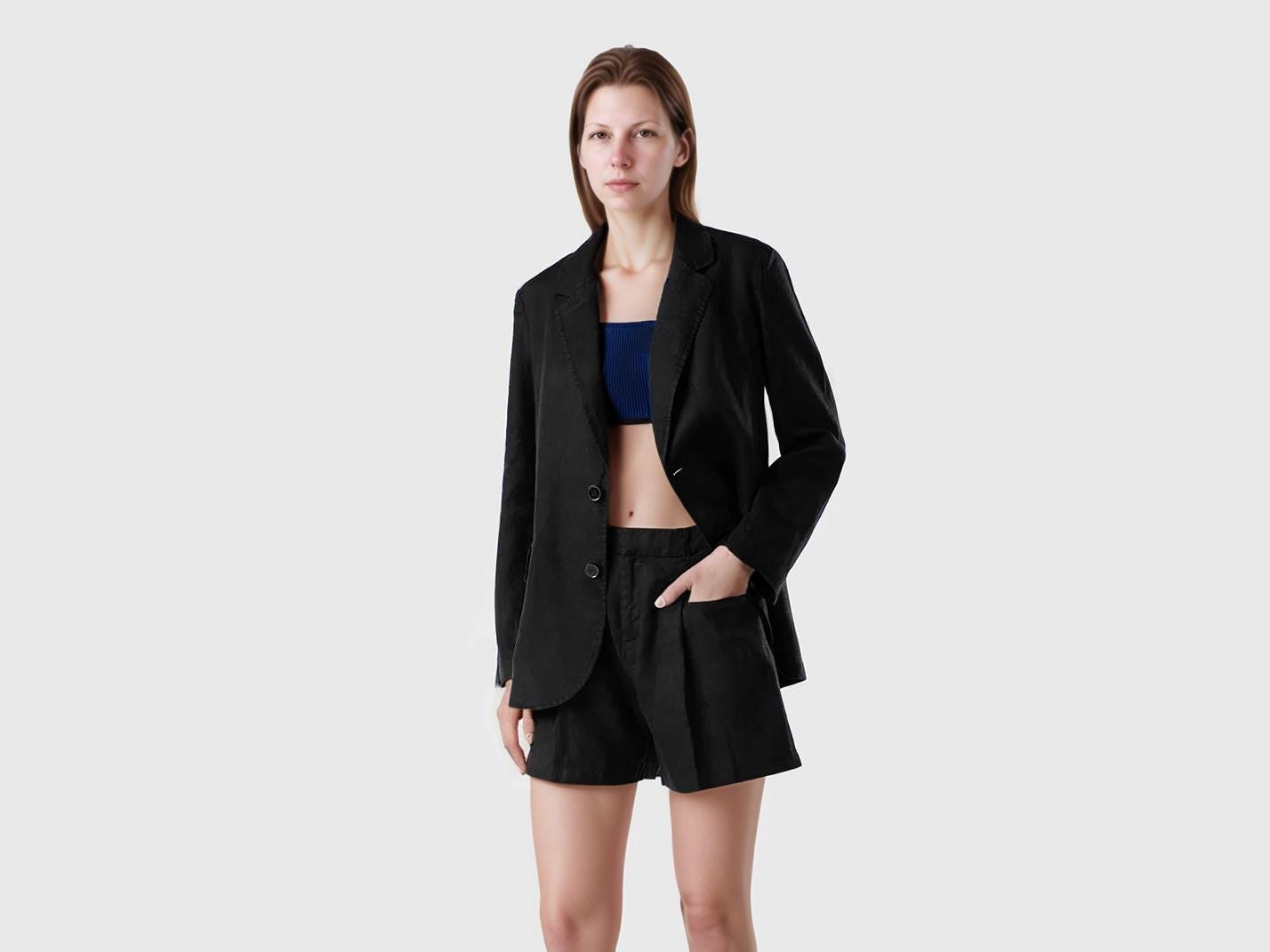Linen Blazer for Women - Black Oversized Summer Jacket, Lightweight Minimalist Tailored Coat | SKU.25T22T5C