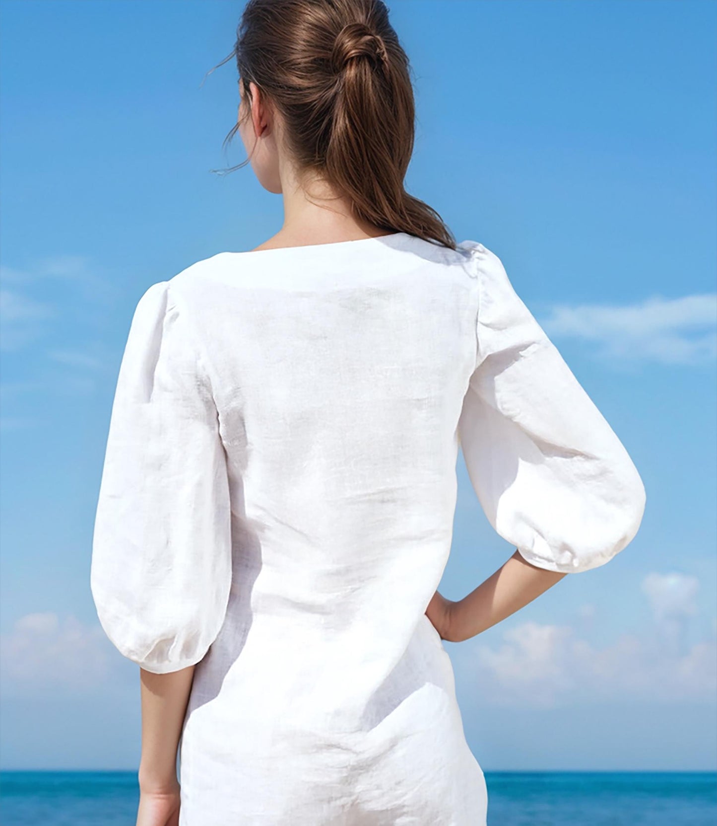 Custom Linen Puff Sleeve Square Neck Dress - Minimalist Summer Dress with Romantic Vintage Charm | SKU.25T14T3E