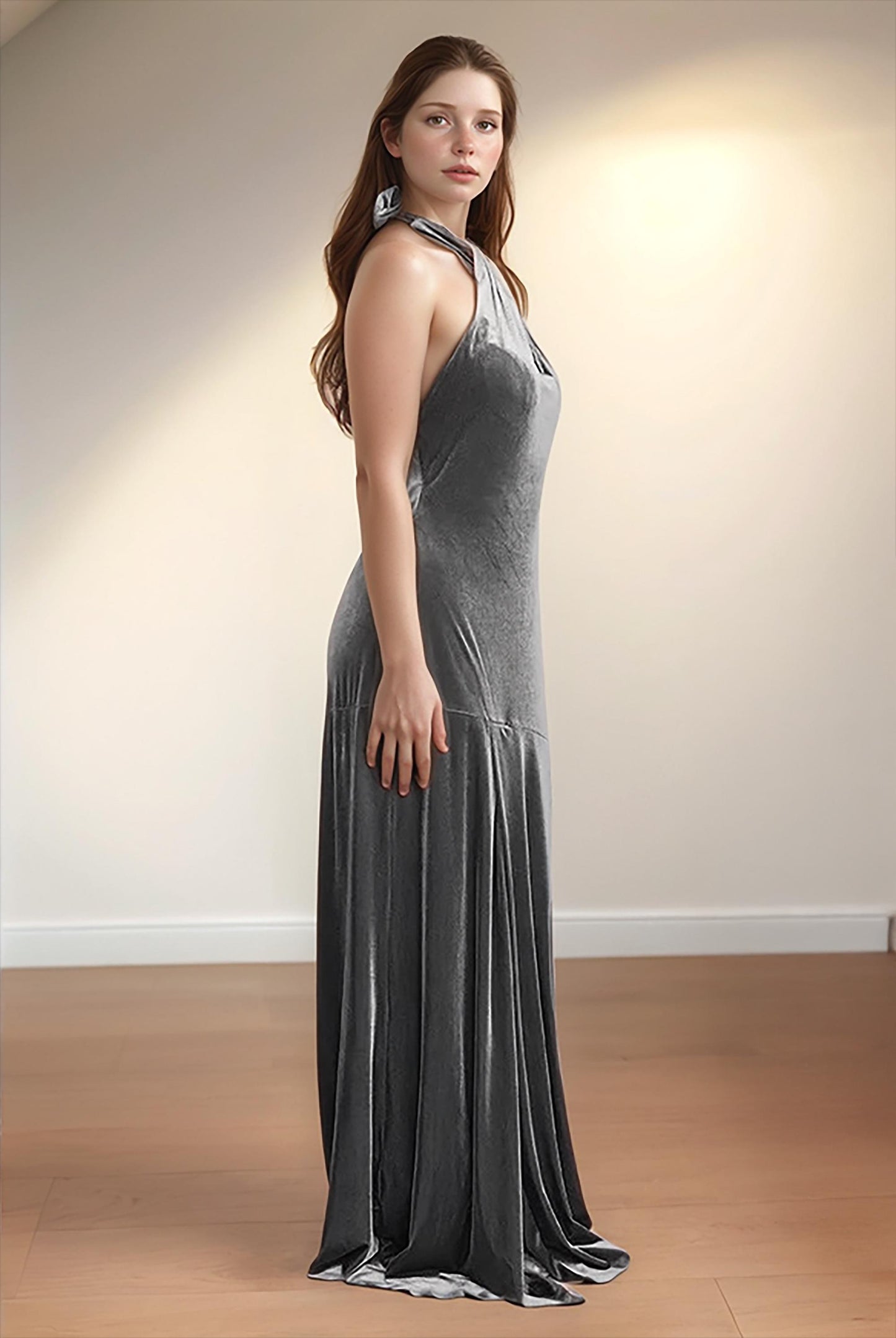 Silver Velvet Halter Neck Dress – Criss-Cross Back Long Slip Gown with Slit | SKU.25T17T4E