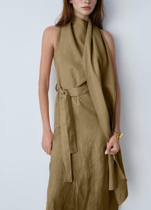 Linen Halter Neck Midi Dress with Scarf Detail, Asymmetrical Wrap Design, Customizable Summer Vacation Dress | SKU.25T15T3N