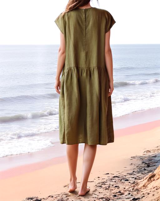 Handmade Linen Midi Dress - V-Neck Flowy Summer Dress - Casual Boho Beach Dress | SKU.241227