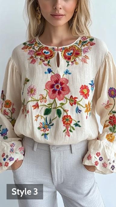 European Style Linen Blouse, Ethnic Boho Floral Top, Beige Floral Embroidered Blouse | 241026A