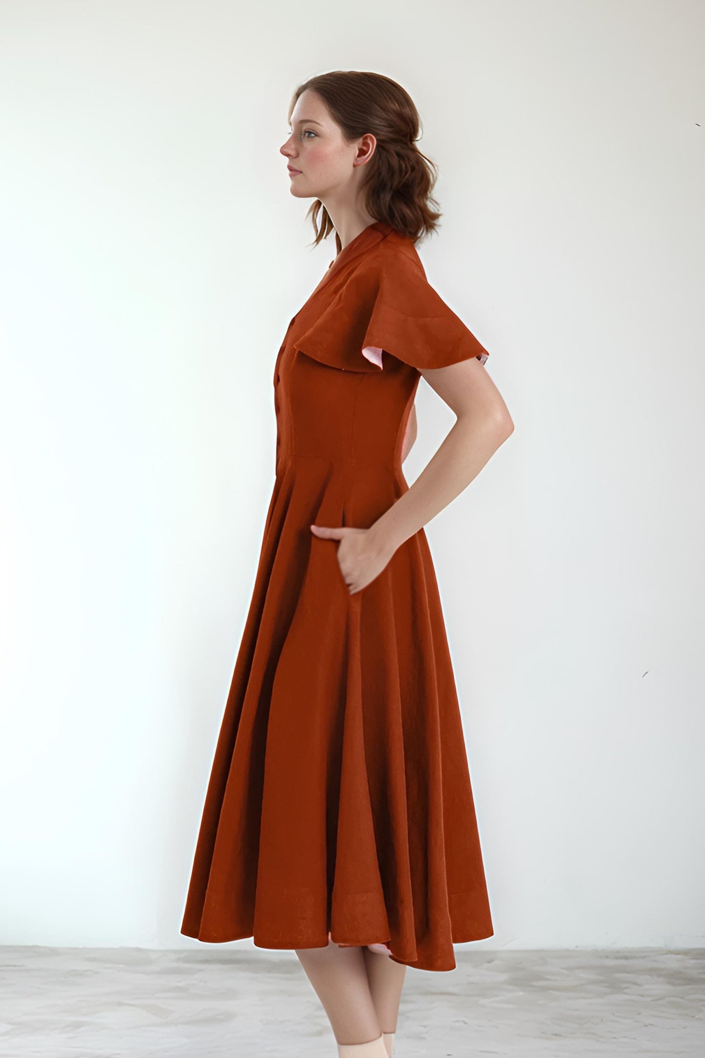 Rust Linen Midi Dress with Flutter Sleeves – Button Front Summer Dress for Women | SKU.25T10T2A