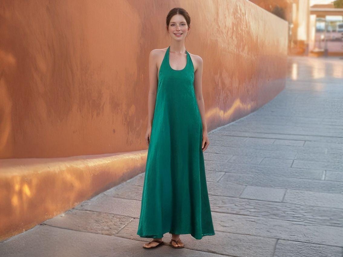 Custom Emerald Green Linen Halter Maxi Dress - Backless Summer Dress, Flowy Vacation Maxi, Sleeveless Resort Dress for Women | SKU.25T14T5B