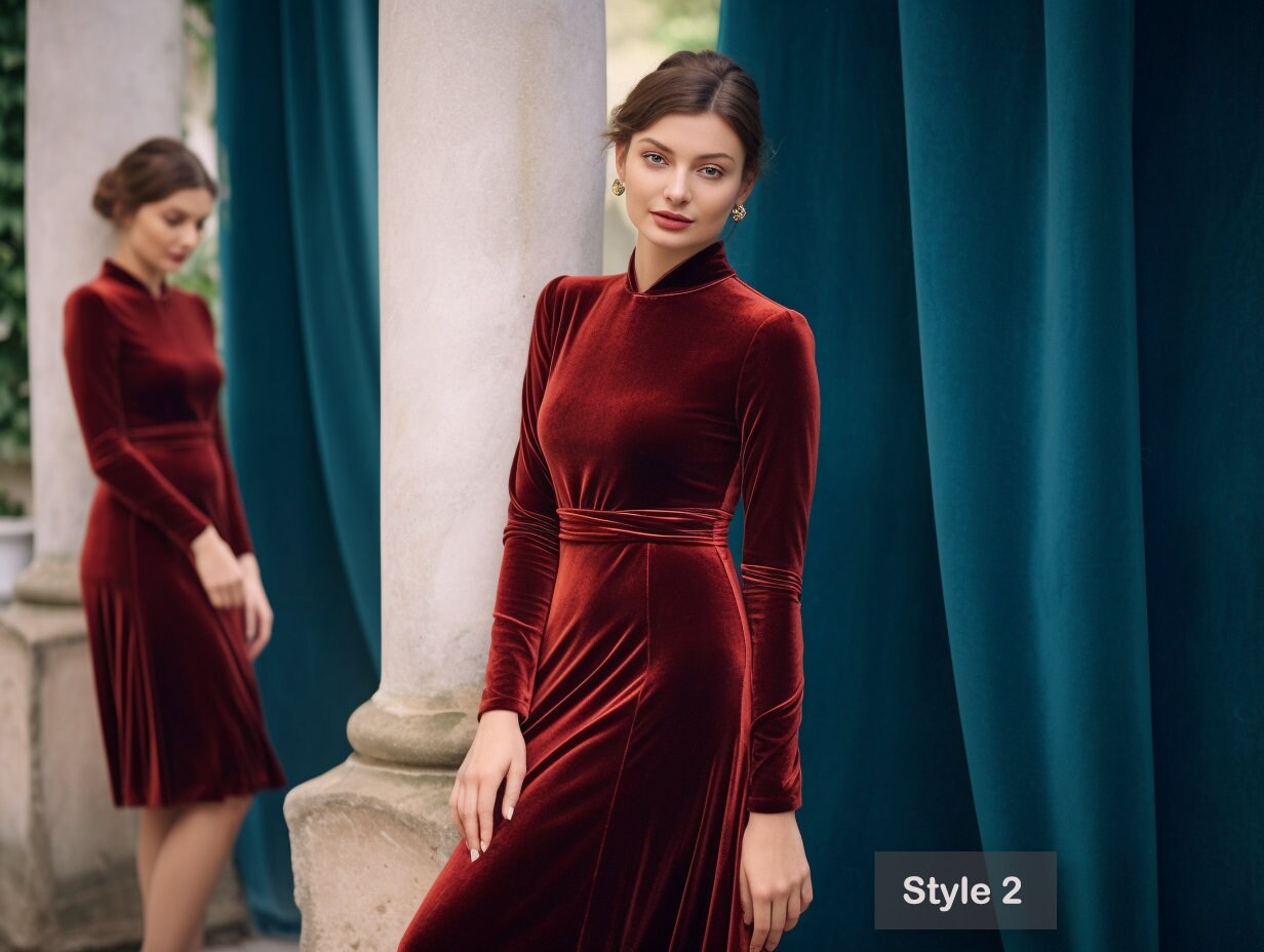 Stylish Velvet Midi Dress | Long Sleeves, Turtleneck | Self-Tie Belt | Spring & Fall Fashion | Custom Handmade | Plus Size Gowns