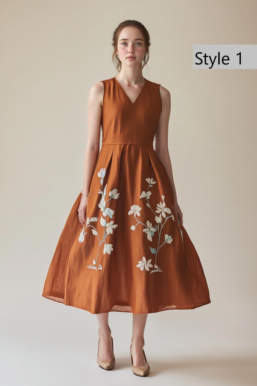 Boho Embroidered Linen Flowy Dress - Intricate Sharp Floral Embroidery, Vintage Inspired, Customizable Summer Midi Dress | SKU.25T20T3K
