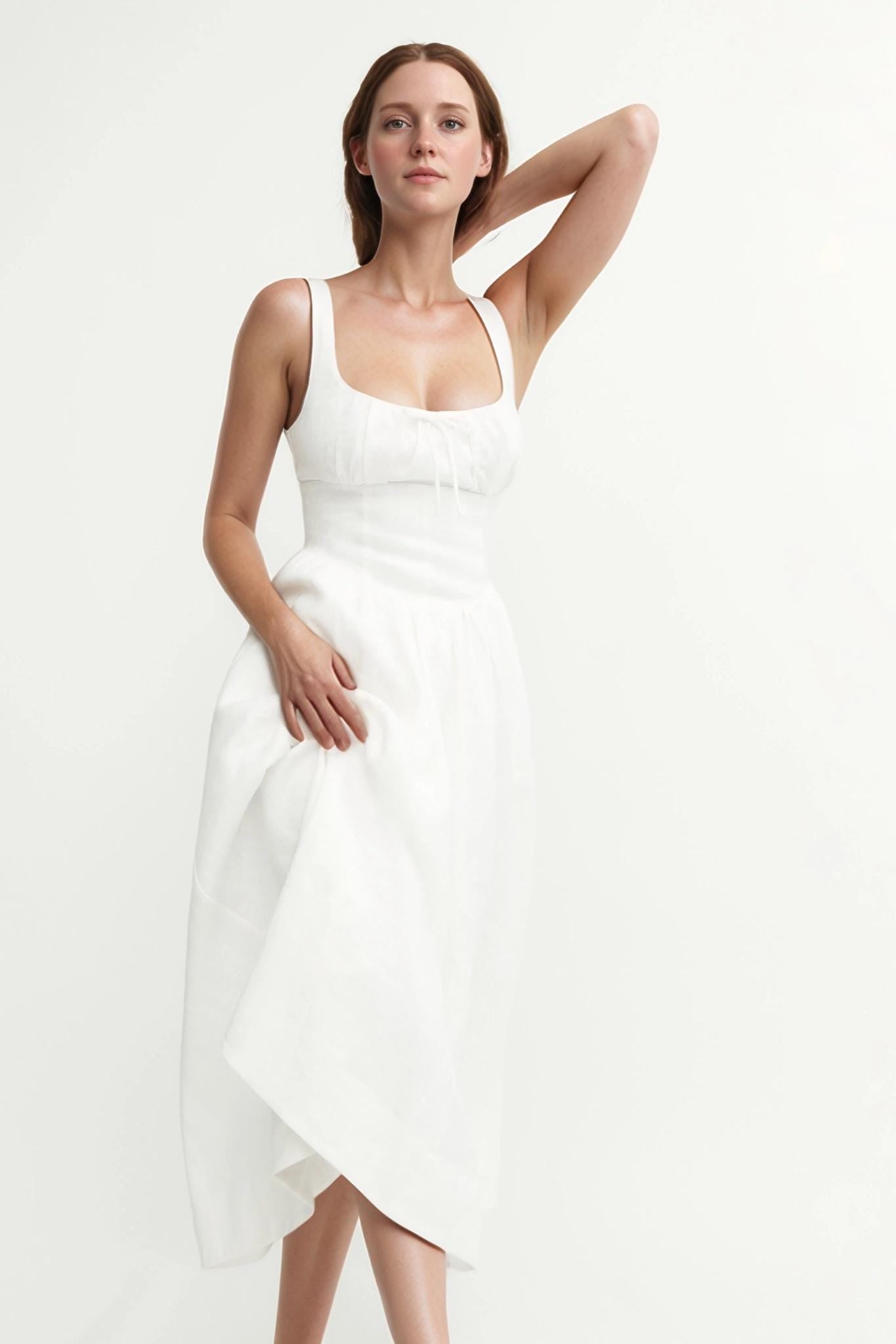 Elegant White Midi Dress in Elastic Linen, Square Neck Summer Dress, Sleeveless Custom Fit, Made to Order | SKU.25T15T4D
