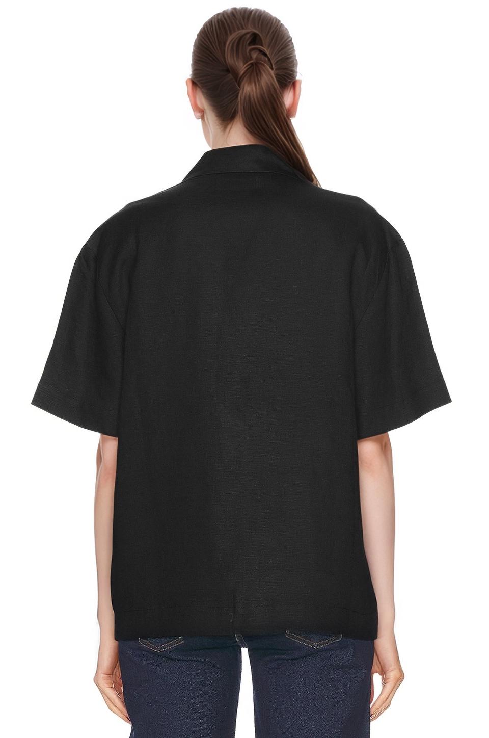 Black Linen Button-Up Shirt - Short Sleeve Collared Top with Chest Pockets, Lightweight Summer Linen Clothing | SKU.25T22T4P