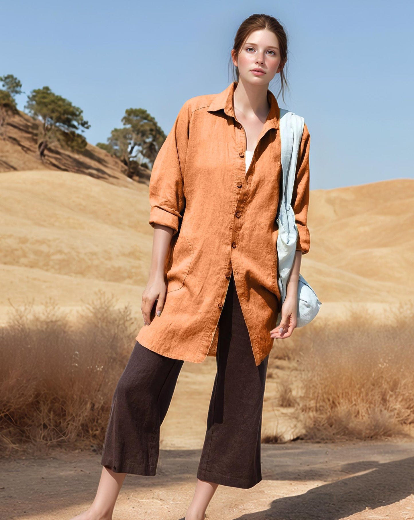 Linen Shirt for Women, Longline Button-Down, Relaxed Tunic Top, Lightweight Layering, Casual Boho Shirt | SKU.25T22T2K