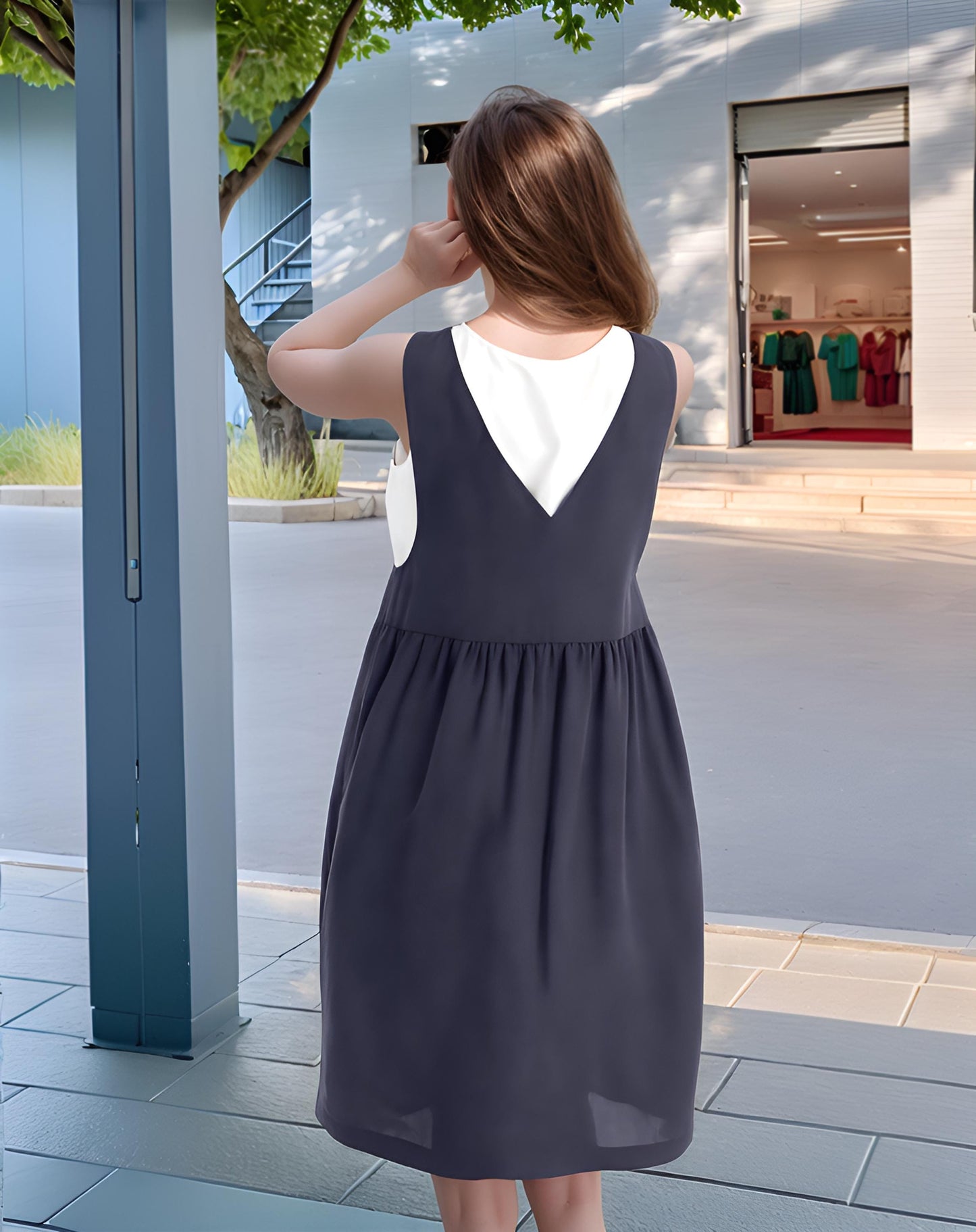 Timeless Navy Blue Linen Pinafore Dress – Casual & Chic with Pockets | SKU.25T09T6C
