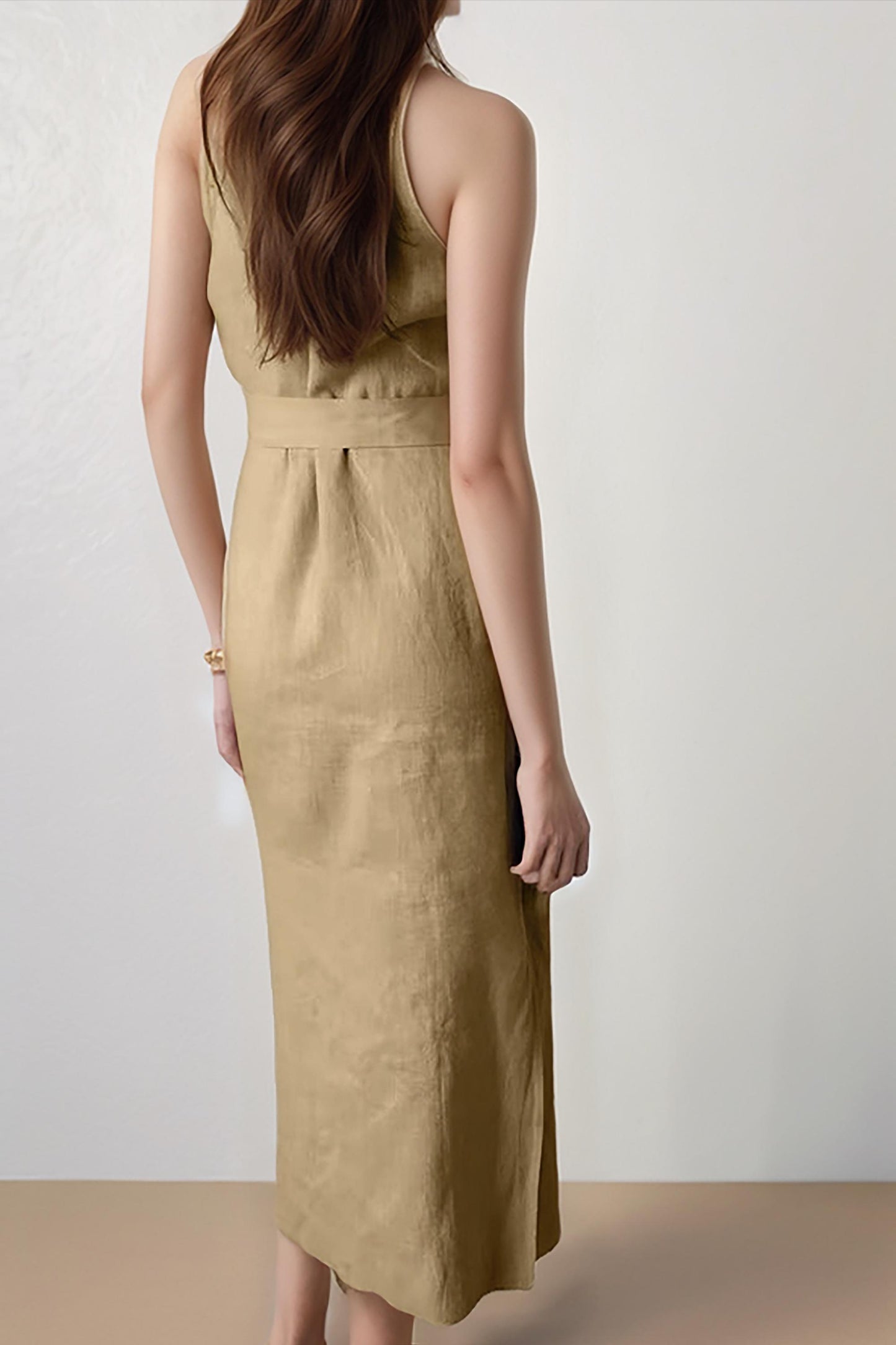Linen Halter Neck Midi Dress with Scarf Detail, Asymmetrical Wrap Design, Customizable Summer Vacation Dress | SKU.25T15T3N