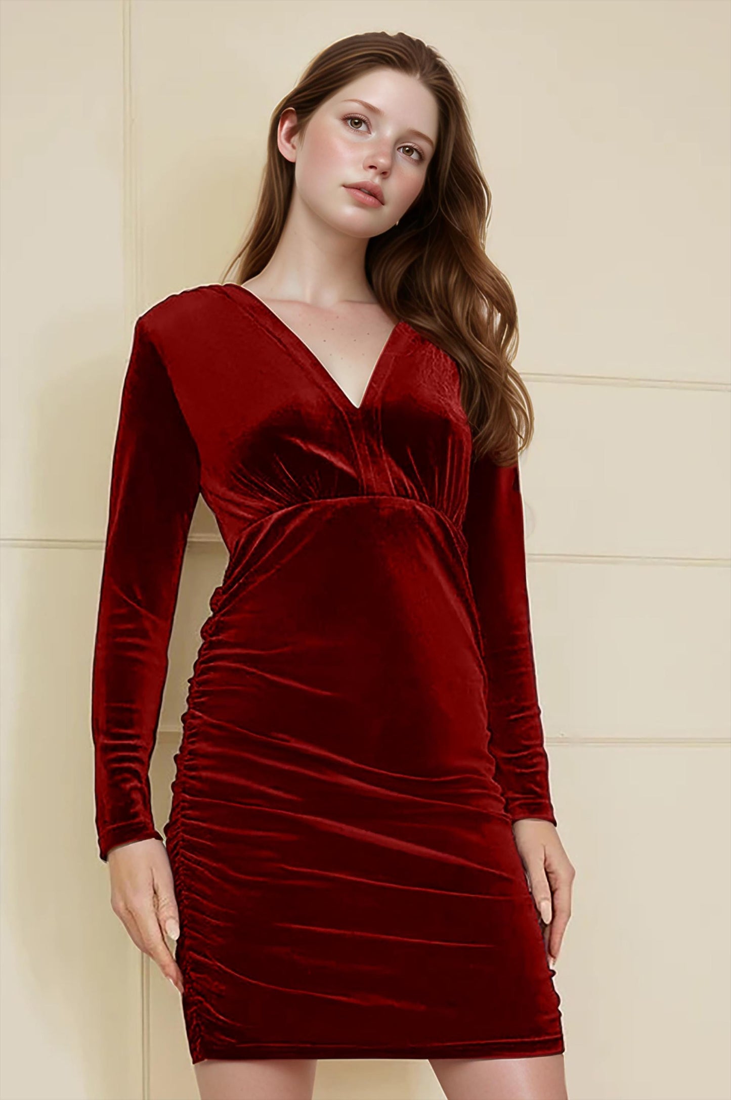 Garnet Red Velvet Mini Dress – Long Sleeve V-Neck Bodycon Ruched Party Dress | SKU.24T17T5C