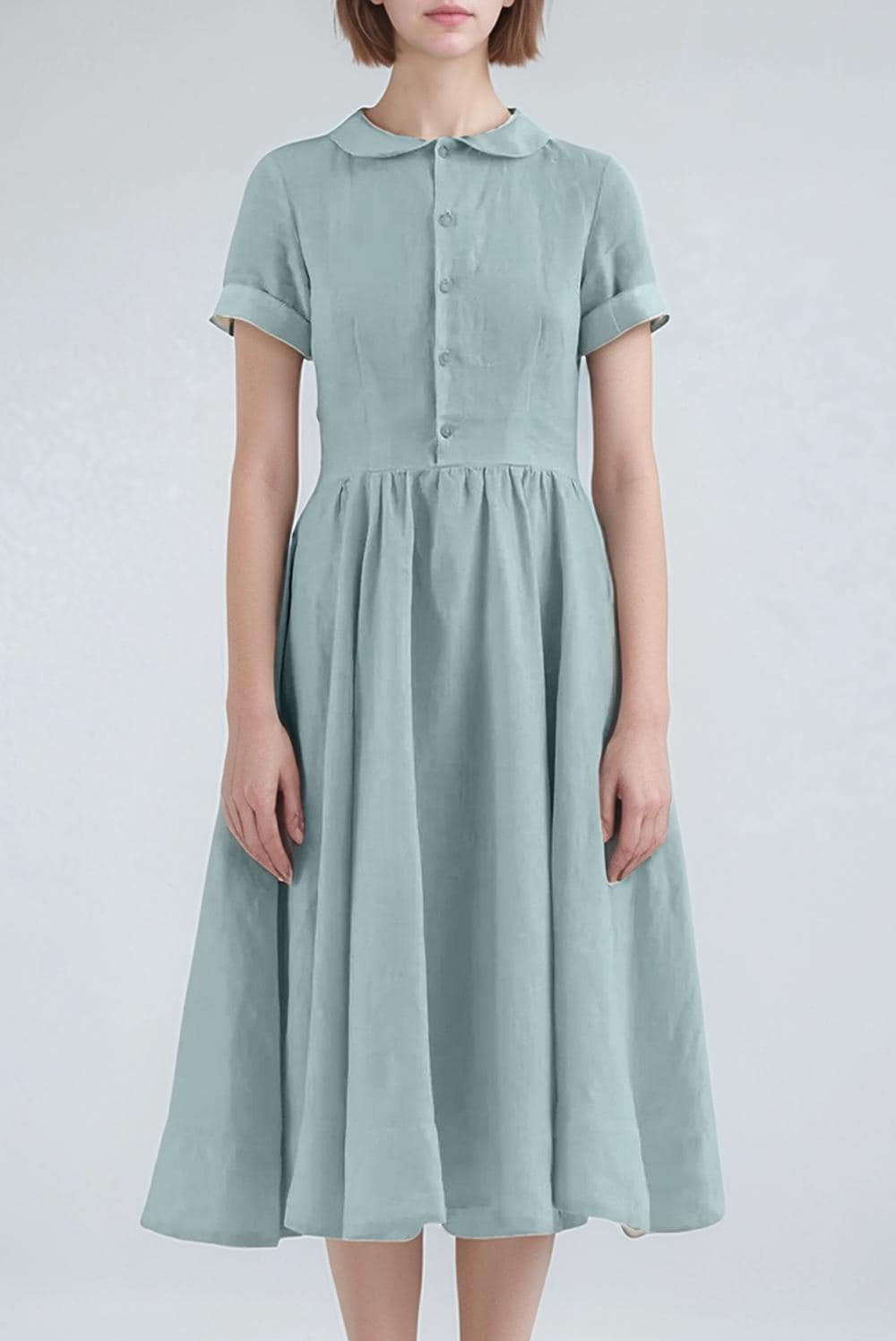 Vintage Linen Midi Dress – Peter Pan Collar Shirt Dress, Elegant Summer Dress with Short Sleeves | SKU.25T11T4I