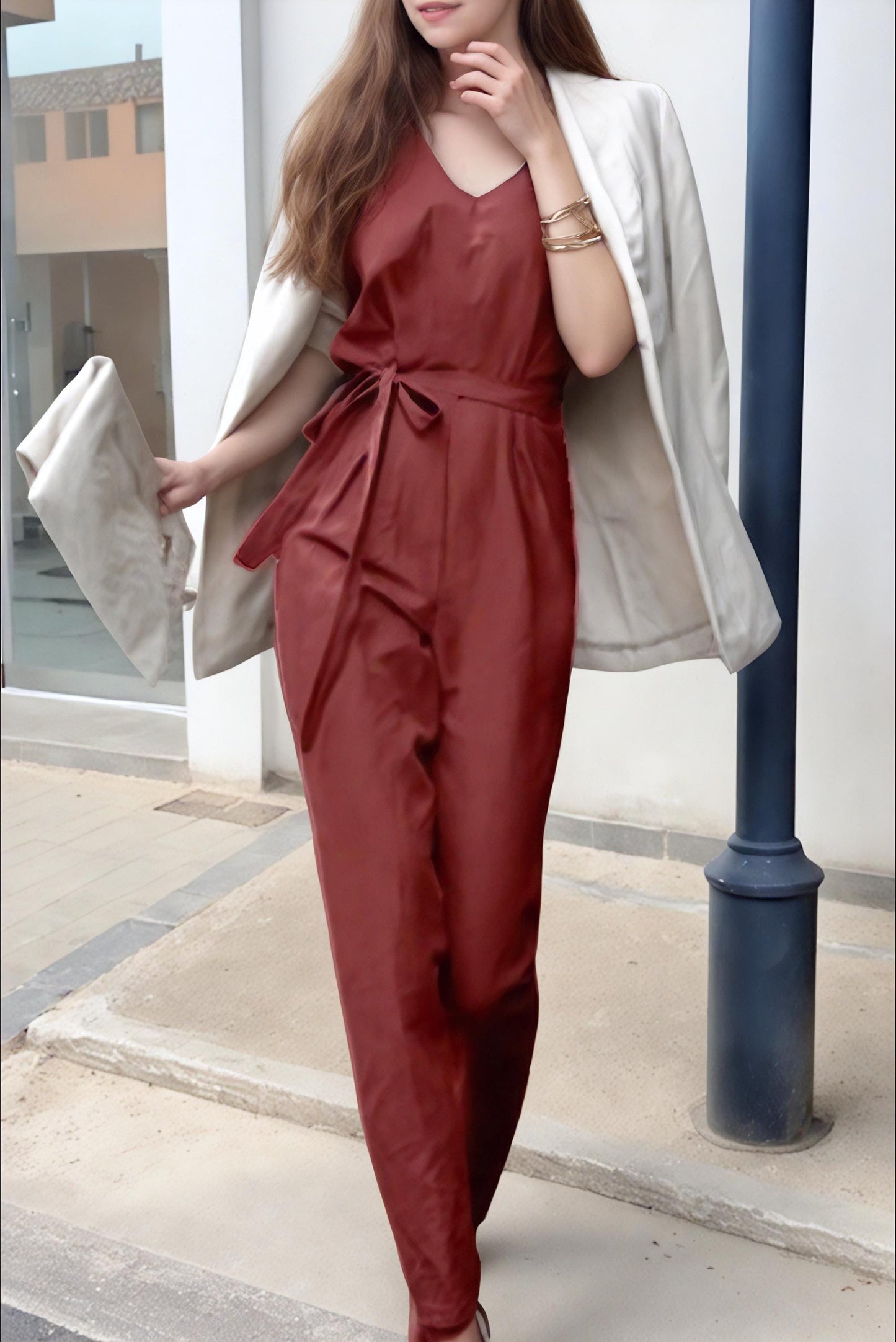 Elegant Linen V-Neck Jumpsuit with Back Button Detail | SKU.25T11T7H